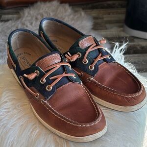 Sperry Womens Two-Tone Brown Plaid Navy Boat Shoes
